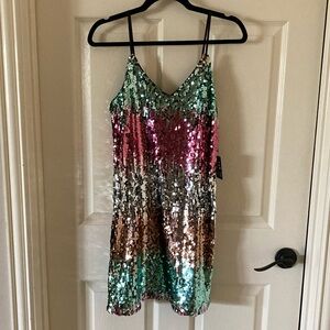 NEW Express Rainbow Multicolor Sequin Adjustable Party Dress ASO Josie Saltzman